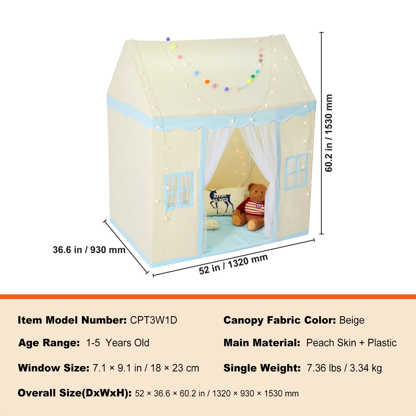 Beige Kids Play Tent Castle With Mat And Lamp For Indoor Outdoor_voghion.com